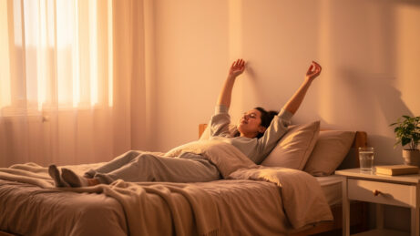 Ranní úzkost - žena praktikující dýchací cvičení po probuzení