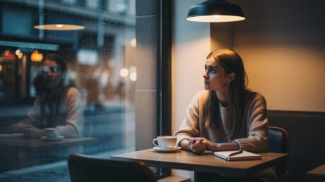 Žena překonávající sociální úzkost při rozhovoru s lidmi