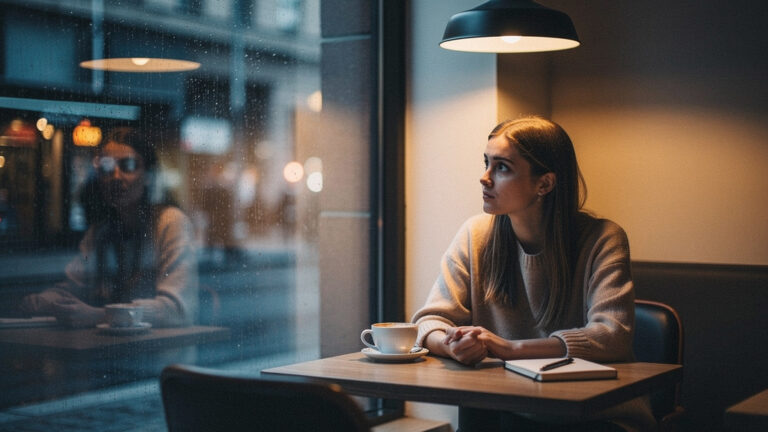 Žena překonávající sociální úzkost při rozhovoru s lidmi